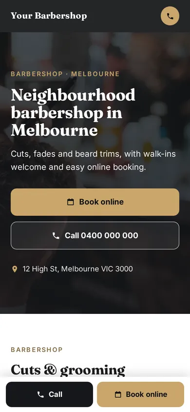 The same concept homepage on a phone, with book and call buttons