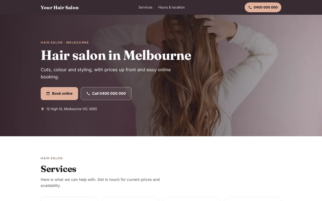 Concept homepage for a sample hair salon on a laptop