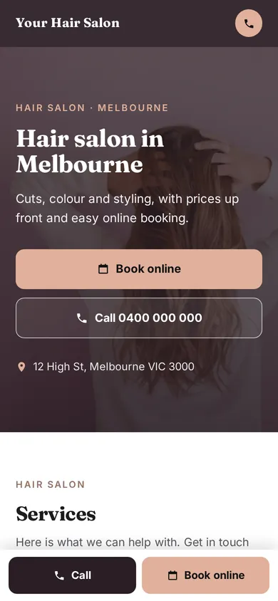 Concept homepage for a sample hair salon on a phone