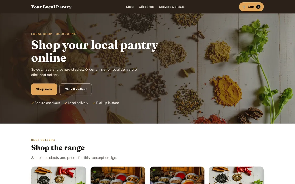 Concept homepage for a sample online store on a laptop